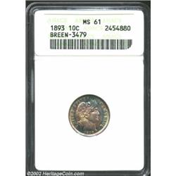 1893 10C MS61 ANACS. This specimen has considerable eye appeal for the grade. Miss Liberty's head is