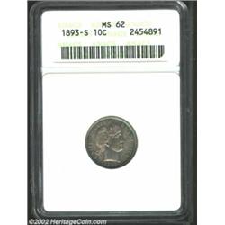 1893-S 10C MS62 ANACS. Gun-metal gray with a splash of blue envelops both sides of this Mint State s