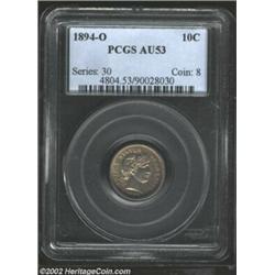 1894-O 10C AU53 PCGS. Although wear can be noted on the highpoints of this specimen, it is minimal..