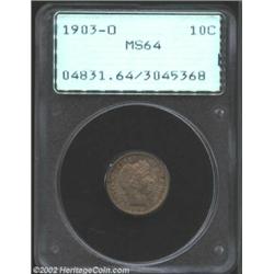 1903-O 10C MS64 PCGS. Rich olive, lavender, and golden-brown patina. A beautifully preserved near-Ge