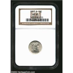 1907-D 10C MS65 NGC. Intensely lustrous with rich, billowy mint frost, the essentially untoned surfa