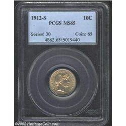 1912-S 10C MS65 PCGS. The surfaces are exceptionally clean and hint of an even finer grade. Lightly.