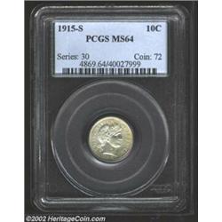 1915-S 10C MS64 PCGS. The borders have light green-gray patina. A sharply struck near-Gem with reaso