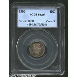 1900 10C PR66 PCGS. Splendid gold and lavender patina. A razor-sharp Gem with seemingly pristine sur