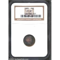 1905 10C PR67 NGC. An outstanding proof Barber Dime. The fields are deeply mirrored and serve as a b