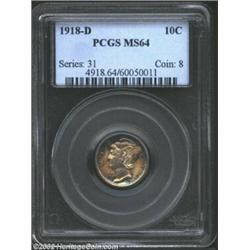 1918-D 10C MS64 PCGS. Spectacular electric-blue peripheral patina frames the golden-brown centers. A