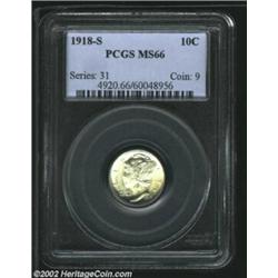 1918-S 10C MS66 PCGS. A flashy Gem with beautiful preservation and a hint of yellow-green color. The