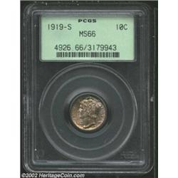 1919-S 10C MS66 PCGS. A semi-key date in the Mercury Dime series, the 1919-S is unquestionably rare.