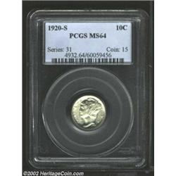 1920-S 10C MS64 PCGS. Although the centers lack complete definition, this lightly toned and lustrous