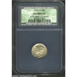 1926-S 10C AU Details, Improperly Cleaned, NCS. The surfaces display pleasant light-olive color, and