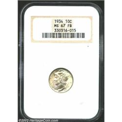 1934 10C MS67 Full Bands NGC. A satiny, well struck Dime with minimal abrasions. A light champagne p