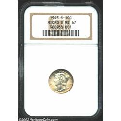 1945-S 10C Micro S MS67 NGC. A lustrous coin with exceptional mint frost and abrasions of any type b