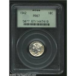 1942 10C PR67 PCGS. Both sides have milky yellow-gray patina. A seemingly fully struck Superb Gem th