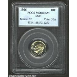 1966 10C SMS MS68 Cameo PCGS. The nearly flawless light gold surfaces display considerable reflectiv