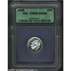 1955 10C PR68 Deep Cameo ICG. A very unusual example exhibiting first strike characteristics. The fi