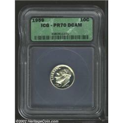 1959 10C PR70 Deep Cameo ICG. While the obverse is untoned, the reverse is covered with a milky pati