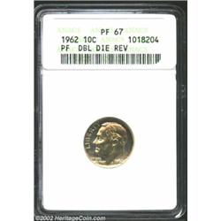 1962 10C--Doubled Die Reverse--PR67 ANACS. The speckled orange-gold patina is very attractive. The t