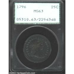 1796 25C MS63 PCGS. B-2, R.3. An exceptionally well produced example, the staff at the Philadelphia.