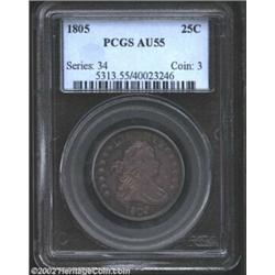 1805 25C AU55 PCGS. B-3, R.1. Die State V. This is a richly toned example with well blended cobalt-b