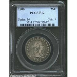 1806 25C Fine 12 PCGS. B-9a, R.1. Rich, mottled, olive-gray obverse toning combines with equally ori