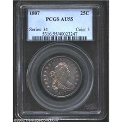 1807 25C AU55 PCGS. B-1, R.2. Die State II. This is an exceptionally well preserved coin for the gra