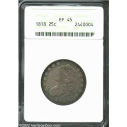 1818 25C XF45 ANACS. B-8, R.3. Rich dove-gray toning is framed in crescents of orange-russet and cob