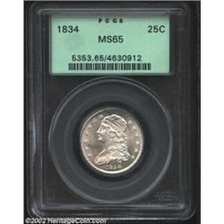 1834 25C MS65 PCGS. B-1, R.1. Die State I. The reverse die of this variety is a holdover from the 18