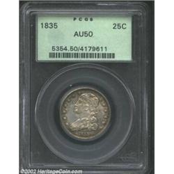 1835 25C AU50 PCGS. B-6, High R.4. Sprays of olive color are distributed over otherwise slate-gray s