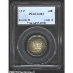 1835 25C MS64 PCGS. B-3, R.4. Undoubtedly the finest known example of this scarce variety, the Condi