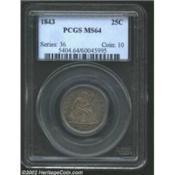 1843 25C MS64 PCGS. The tan-brown centers are framed by powder-blue patina. A boldly struck near-Gem