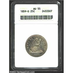 1859-O 25C AU55 ANACS. Splotchy toning shows mainly over the obverse as do a number of surface marks