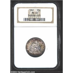 1861 25C MS63 NGC. A bright, satiny example that is untoned in the centers and somewhat irregularly.