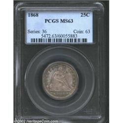 1868 25C MS63 PCGS. The attractive apple-green and lavender patina carefully conceals a few wispy ha