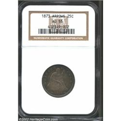 1873 25C Arrows AU55 NGC. Burnt-golden color lurks below gun-metal gray overtones. Important notice: