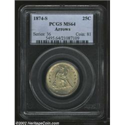 1874-S 25C Arrows MS64 PCGS. Brilliant surfaces characterize this attractive example of this popular