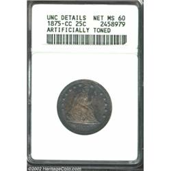 1875-CC 25C--Artificially Toned--ANACS. Unc Details, Net MS60. Gun-metal gray patina is laced with b