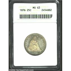 1876 25C MS63 ANACS. Lightly speckled russet and golden-brown patina. A lovely specimen that has a r