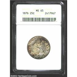 1876 25C MS65 ANACS. Lovely speckles of golden-brown and aqua-blue patina ensure the originality of.