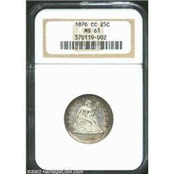 1876-CC 25C MS61 NGC. Displaying slightly subdued Mint luster, this coin is accented by medium perip