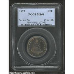 1877 25C MS64 PCGS. An attractive example with light amber-gray patina on obverse, and a fully brill