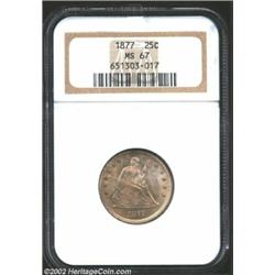 1877 25C MS67 NGC. The 1877 is among the more plentiful Motto Seated Quarters, but Briggs (1991) sta