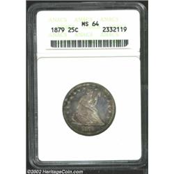 1879 25C MS64 ANACS. This is an attractive Mint State example with moderate amber-rose iridescence a