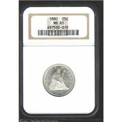 1880 25C MS65 NGC. A sparkling Gem example of this low mintage (13,600 pieces) date. Quarters and Ha