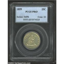 1859 25C PR63 PCGS. With a mintage of only 800 pieces, this is a scarce Proof example of the No Mott