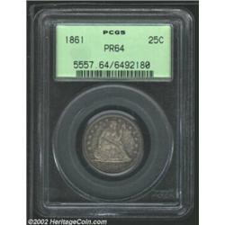 1861 25C PR64 PCGS. Each side has rich lavender patina. A boldly struck near-Gem that has a couple o