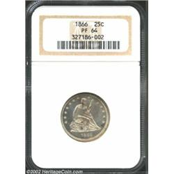 1866 25C PR64 NGC. Lightly frosted devices rest gently on a sea of deeply mirrored fields. Some mott