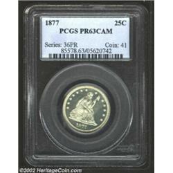 1877 25C PR63 Cameo PCGS. This piece has frosted devices, and brilliant fields, and is very scarce a