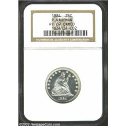 1884 25C PR69 Cameo NGC. Ex: P. Kaufman. Briggs 2-B. The Motto, No Arrows Seated Quarter was produce