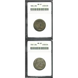 1894 25C MS61 ANACS, well struck with olive-gray and charcoal toning on the obverse and iridescent-b