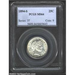 1894-S 25C MS64 PCGS. Brilliant and lustrous, this well struck near-Gem has frosty, prooflike surfac